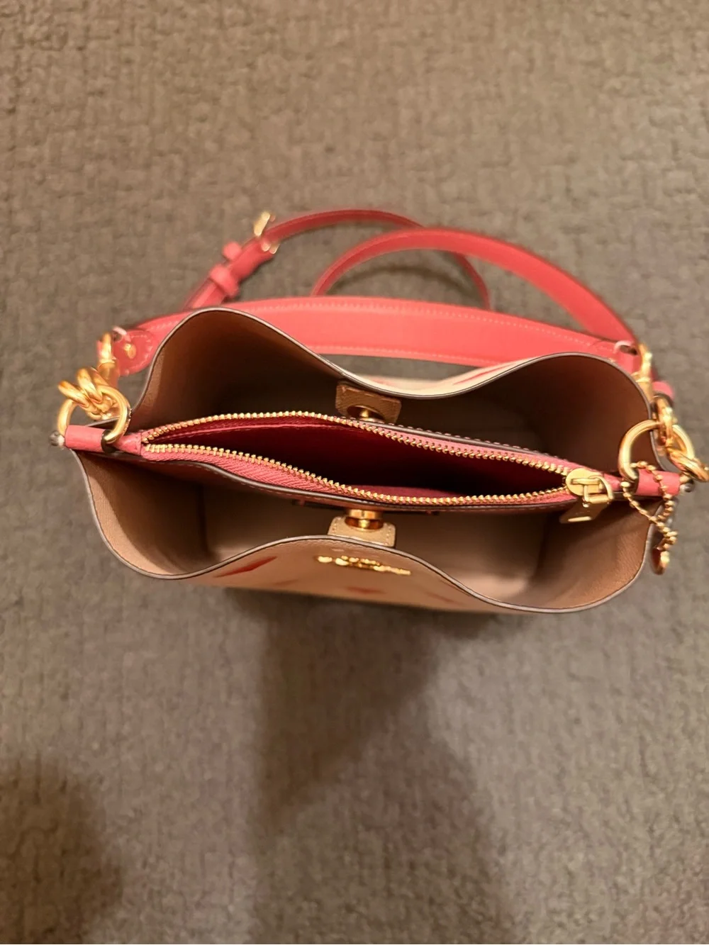 Coach Pink Heart Print Crossbody Bag with Red Trim